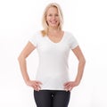 T-shirt design and people concept - close up of woman in blank white t-shirt, shirt front isolated. Mock up. Royalty Free Stock Photo