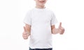 T-shirt design and people concept - close up of young man in blank white t-shirt, shirt front and rear isolated Royalty Free Stock Photo