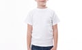 T-shirt design and people concept - close up of young man in blank white t-shirt, shirt front and rear isolated.