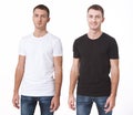 T-shirt design and people concept - close up of young man in blank white t-shirt. Clean shirt mock up for design set. Royalty Free Stock Photo