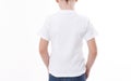 T-shirt design and people concept - close up of young man in blank white t-shirt, shirt front and rear isolated. Royalty Free Stock Photo