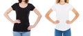 T-shirt design and people concept - close up of young two woman in shirt blank black and white tshirt isolated. Girl t shirt set Royalty Free Stock Photo