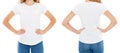 T-shirt design and people concept - close up of young woman in blank white t-shirt, shirt front and rear isolated. Mock up Royalty Free Stock Photo