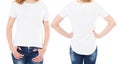 T-shirt design and people concept - close up of young woman in blank white t-shirt, shirt front and rear isolated. Mock up Royalty Free Stock Photo