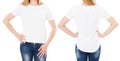 T-shirt design and people concept - close up of young woman in blank white t-shirt, shirt front and rear isolated. Mock up Royalty Free Stock Photo