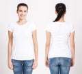 T-shirt design and people concept - close up of young woman in blank white t-shirt. Clean shirt mock up for design set. Royalty Free Stock Photo