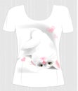 T-shirt design with playful white cat and hearts.