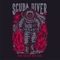 T shirt design scuba diving with diver man walking wearing diver suit with black background vintage