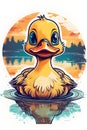 T-shirt design of vintage retro sunset with a cute baby duckling swimming on a lake, reflection water, stickerss, animal, cartoon Royalty Free Stock Photo