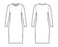 T-shirt dress technical fashion illustration with crew neck, long sleeves, knee length, oversized, Pencil fullness. Flat Royalty Free Stock Photo