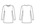 T-shirt dress technical fashion illustration with crew neck, long sleeves, mini length, oversized, Pencil fullness. Flat Royalty Free Stock Photo