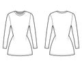 T-shirt dress technical fashion illustration with crew neck, long sleeves, mini length, slim fit, Pencil fullness. Flat