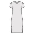 T-shirt dress technical fashion illustration with crew neck, short sleeves, knee length, oversized, Pencil fullness.