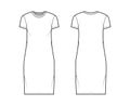 T-shirt dress technical fashion illustration with crew neck, short sleeves, knee length, oversized, Pencil fullness.