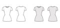 T-shirt dress technical fashion illustration with crew neck, short sleeves, mini length, slim fit, Pencil fullness. Flat Royalty Free Stock Photo