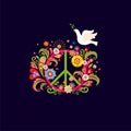 T shirt fashion print on the dark background with Peace Hippie flower Symbol and flying paper cutting dove Royalty Free Stock Photo