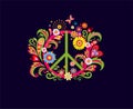 T shirt fashion print on the dark background with Peace Hippie flower Symbol for textile art