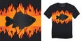 T-shirt graphic design black fish of with burning flames and BBQ carp grill Royalty Free Stock Photo