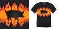 T-shirt graphic design black pig of with burning flames and BBQ pork grill Royalty Free Stock Photo