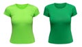 T-shirt green women mockup as design template. Female Tee Shirt blank isolated on white. Front view.