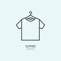 T-shirt on hanger icon, clothing shop line logo. Flat sign for apparel collection. Logotype for laundry, clothes