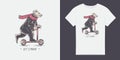 T shirt illustration with bear riding scooter. Cute bear scooter vector design.animal illustration.T shirt graphic Royalty Free Stock Photo