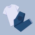 White T-shirt and blue jeans. Womens casual outfit ideas flat lay. Trendy look. View from above. Vector illustration in flat carto Royalty Free Stock Photo