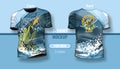 T-shirt for man front and back with fishing blue theme. Mock-up for double-sided printing, layered and editable