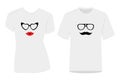 Couple t-shirt design, vector. He and she. Cat eye glasses and police glasses.