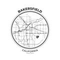 T-shirt map badge of Bakersfield, California