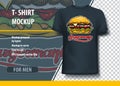 T-shirt mock-up template with burger and inscription. Editable vector layout