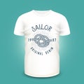 T-shirt mockup with marine knot print, sunburst and lettering. Vector illustration.