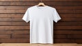 T-shirt mockup on wood background. White tshirt mock-up. Blank template Tee mock up near wooden wall. Male casual urban clothes.