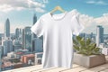 T-shirt mockup on wooden table with cityscape background, 3D rendering Royalty Free Stock Photo