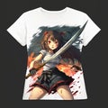 T shirt mokup of a anime girl with angry face hold sword and short pants