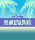 T-shirt neon print with Aloha Hawaii lettering, coconut mint color palm leaves and seagull