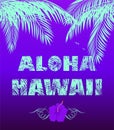 T-shirt neon violet print with Aloha Hawaii mint color lettering, coconut palm leaves, seagull and lilac hibiscus Royalty Free Stock Photo