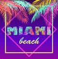 T-shirt neon violet print with colorful Miami beach lettering and coconut palm leaves Royalty Free Stock Photo