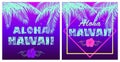 T-shirt neon violet prints variation with Aloha Hawaii mint color lettering, coconut palm leaves, seagull and lilac hibiscus on th Royalty Free Stock Photo