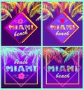T-shirt neon violet prints variation with colorful Miami beach lettering with coconut palm leaves, seagull and lilac hibiscus Royalty Free Stock Photo