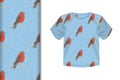 T-shirt with a pattern and seamless pattern with fir branch and bullfinch, concept for design of fabric and paper for printing