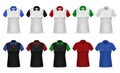 T-shirt Polo. Realistic female clothing. White or black garments with colorful sleeves and collar. Cotton shirts set