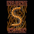 T-shirt or poster illustration. Centipede against the background of swarming insects.