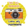 T-shirt print design with retro camera and text