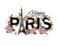 T-shirt print design with slogan Hello Paris, Eiffel tower, frame and pink roses.