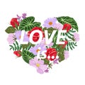 T-shirt print with a heart of flowers and slogan Love is.