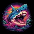 t-shirt print, retrowave shark with teeth, vivid colors, detaile