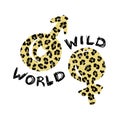 T-shirt print with word Wild World and symbols of gender leopard textured. Fashionable design for t-shirt.