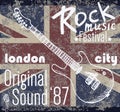 T-shirt Printing design, typography graphics, London Rock festival vector illustration with grunge flag and hand drawn sketch gu Royalty Free Stock Photo
