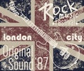 T-shirt Printing design, typography graphics, London Rock festival vector illustration with grunge flag and hand drawn sketch gu
